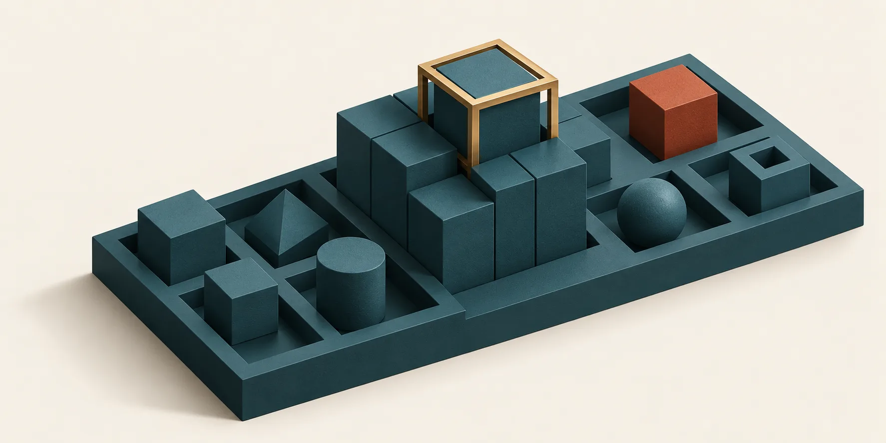 A brass inspection frame surrounds a teal cubic test piece beside a modular teal structure and a separate terracotta cube, representing AI agent evaluation cases