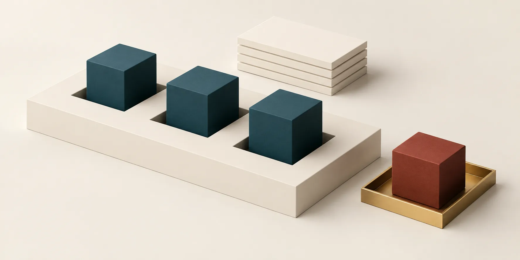 Teal cubes occupy separate cream recesses beside stacked cream blocks and a terracotta cube in a brass-edged bay, representing sorted claim evidence and an exception for review
