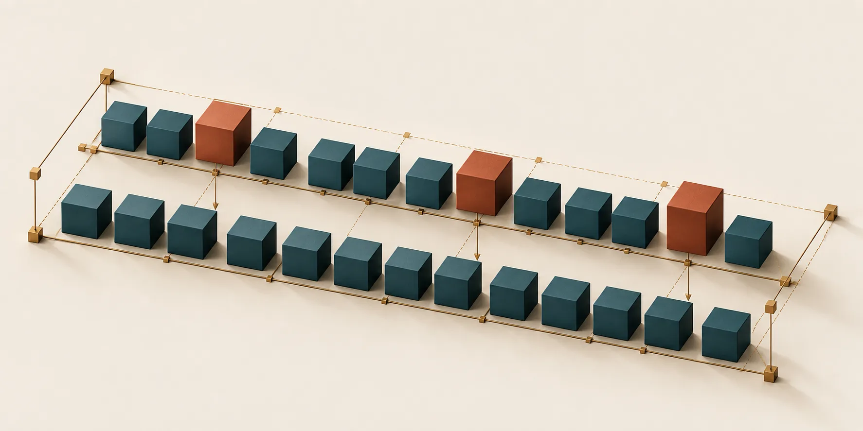 Two parallel rows of teal cubes on a brass measuring grid, with terracotta cubes marking exceptions in a before-and-after AI workflow comparison