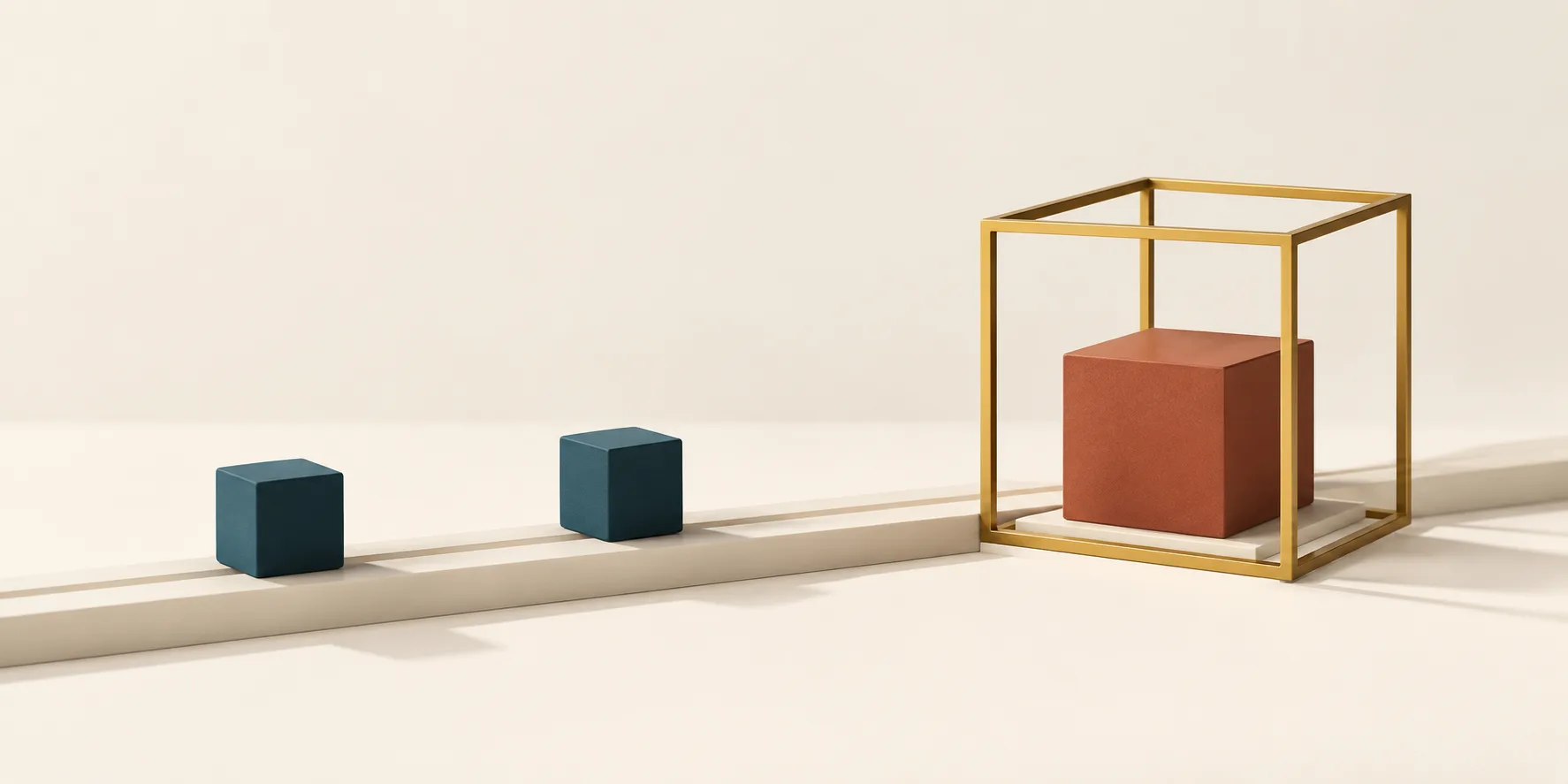 Teal cubes follow a cream track toward a terracotta cube beneath an open brass frame, representing inspection of the records behind an AI answer