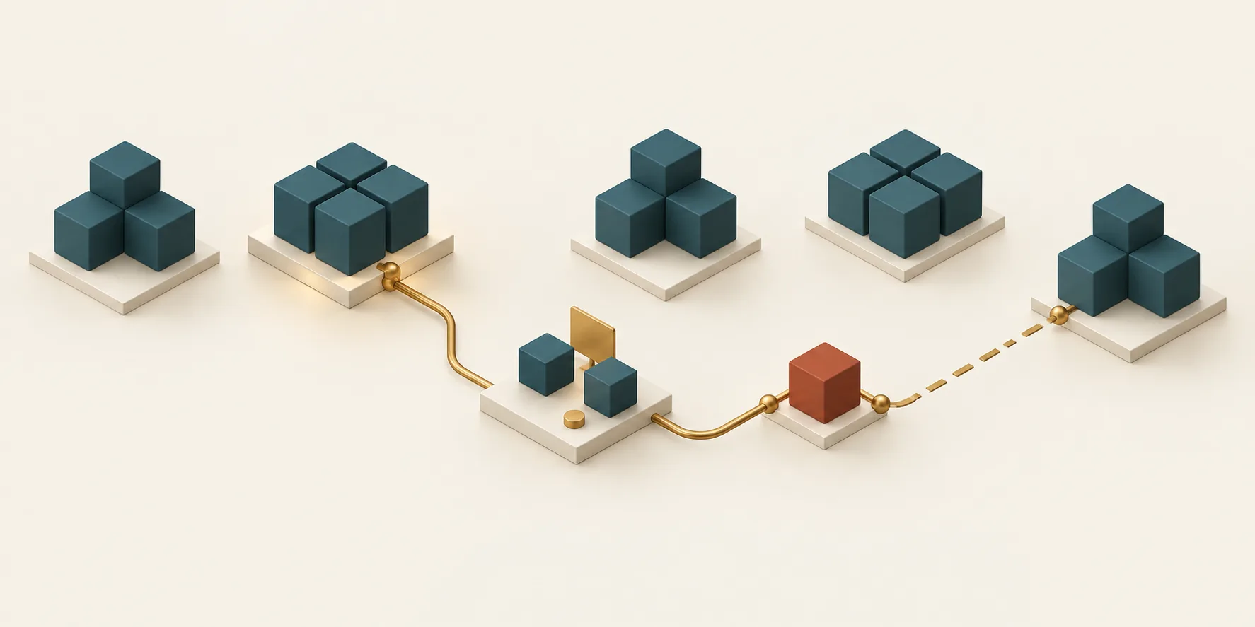 Several teal cube groups sit beside a brass path that leads one group through a pilot area and a terracotta review point toward the next group
