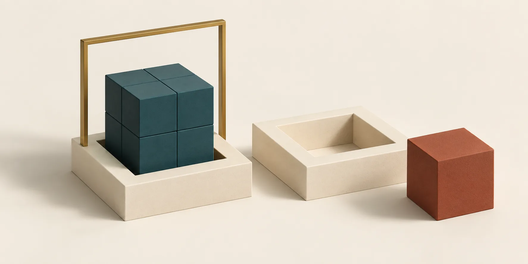 A teal cubic assembly fits a cream recess beneath a brass square frame while a terracotta cube sits beside an empty recess, representing a finished result checked against a standard
