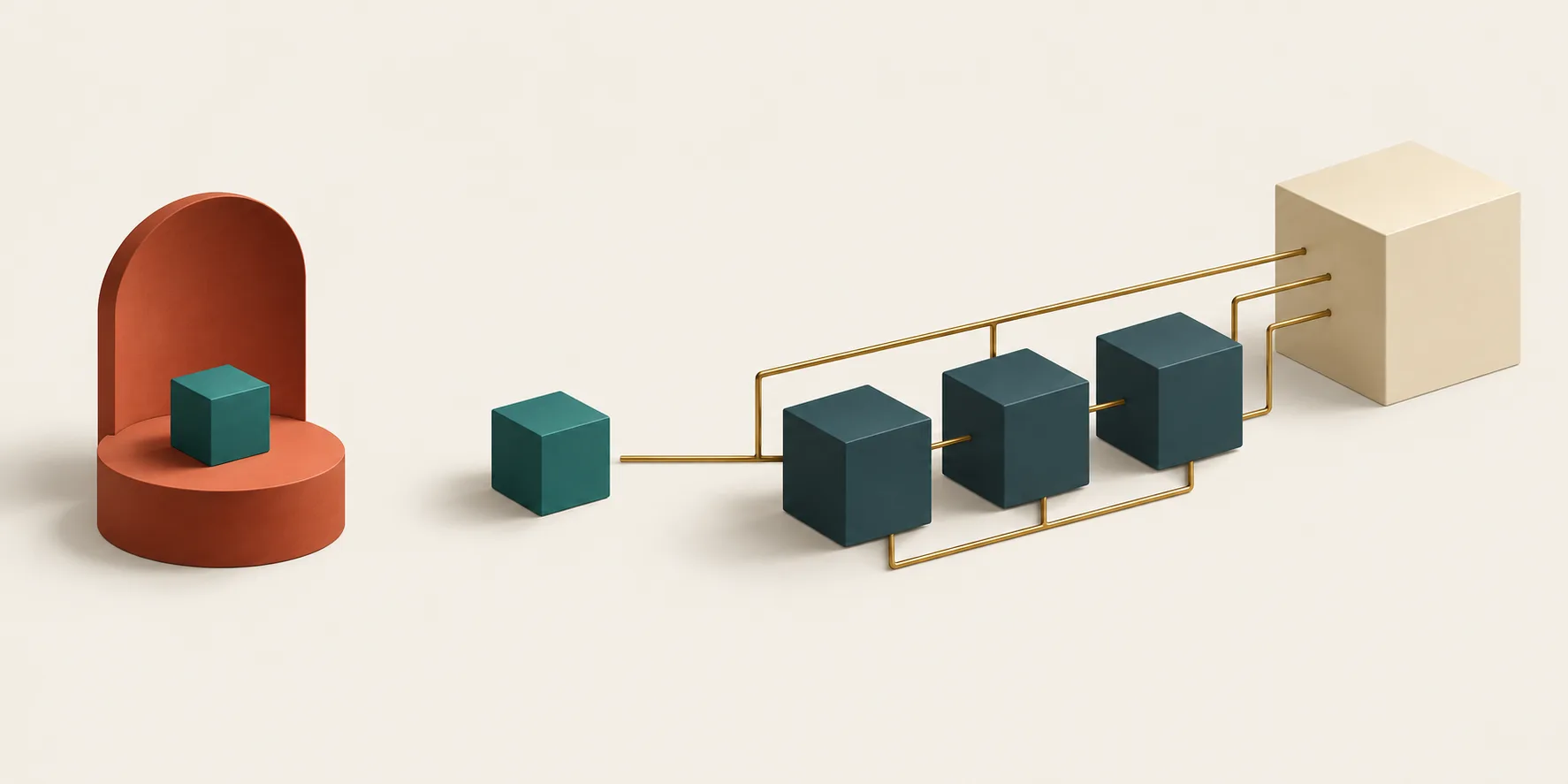 A teal cube on an isolated terracotta display stands beside teal workflow cubes connected by brass lines to a large cream budget cube