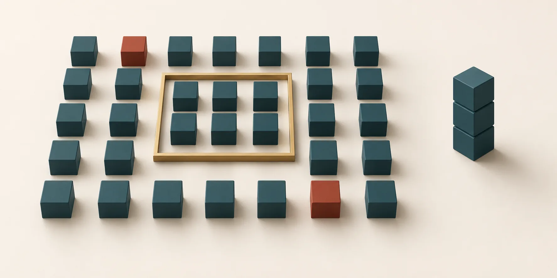 A brass inspection frame surrounds a grid of teal test cubes, with terracotta exceptions beside a separate approved stack, representing AI evaluation diligence