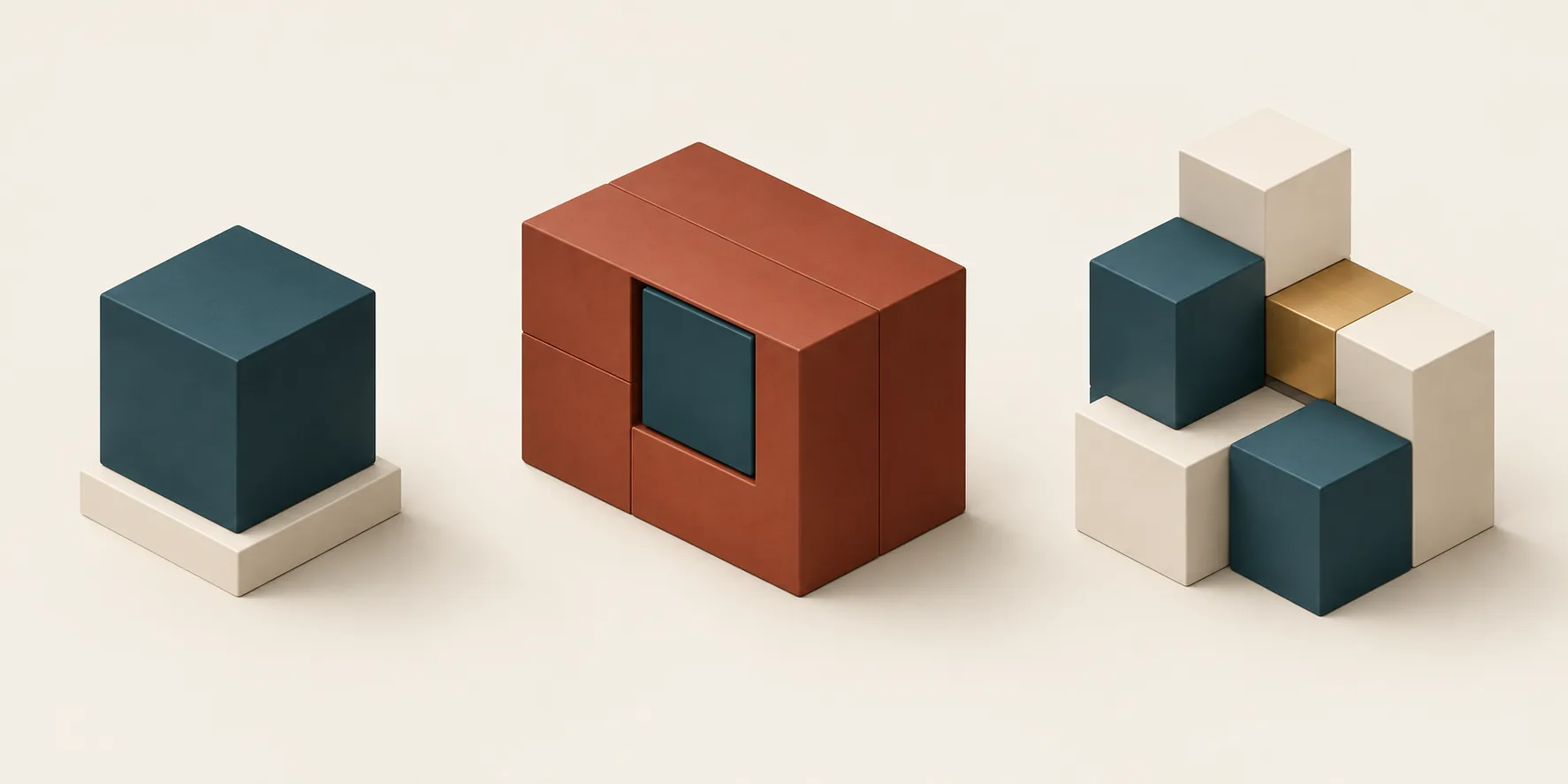 A single teal cube, a terracotta block with a teal inset, and a modular cream and teal assembly represent different ways to deliver an AI workflow