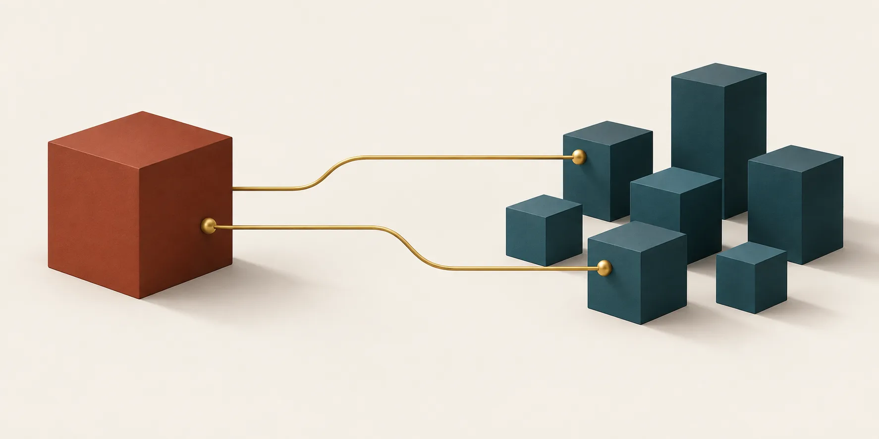 A terracotta cube connects to a group of teal cubes through two brass paths, representing a CEO's communication with employees about AI