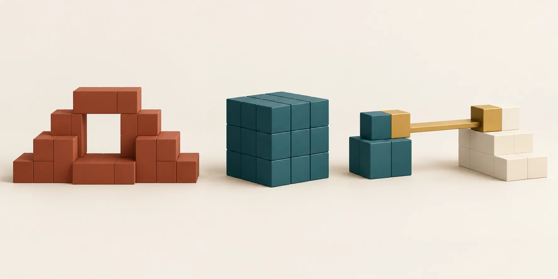 Terracotta steps, a fitted teal cube stack, and teal and brass blocks bridging to a cream platform represent complementary consulting, software engineering, and customer deployment work