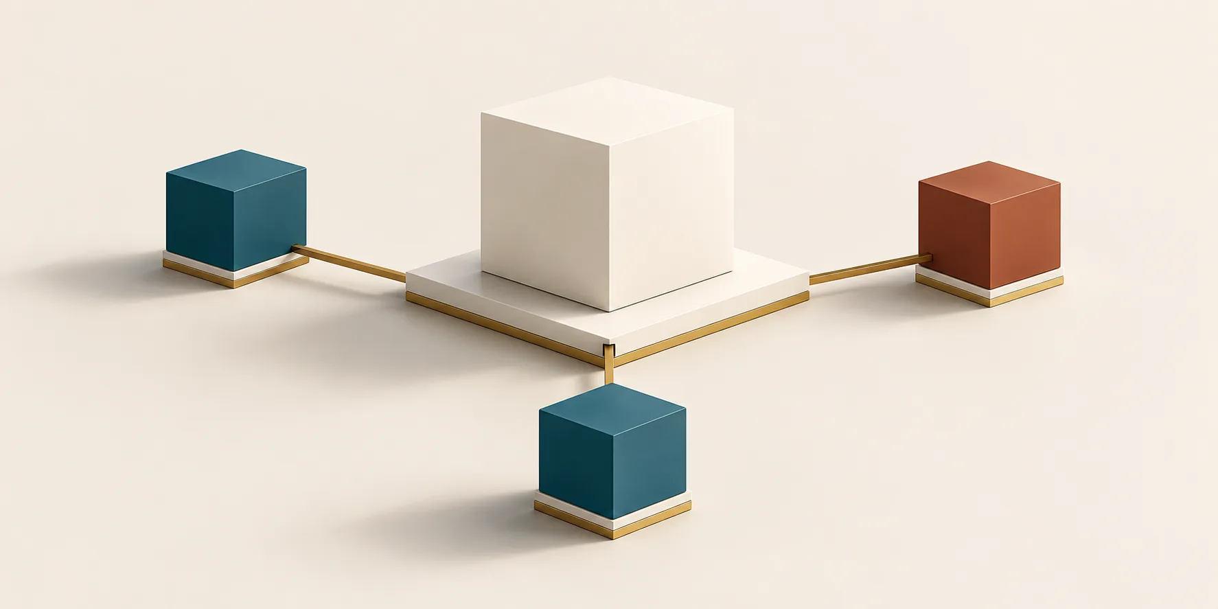 Teal and terracotta cubes connect to a central cream cube on a brass-edged platform, representing departments sharing agreed data definitions