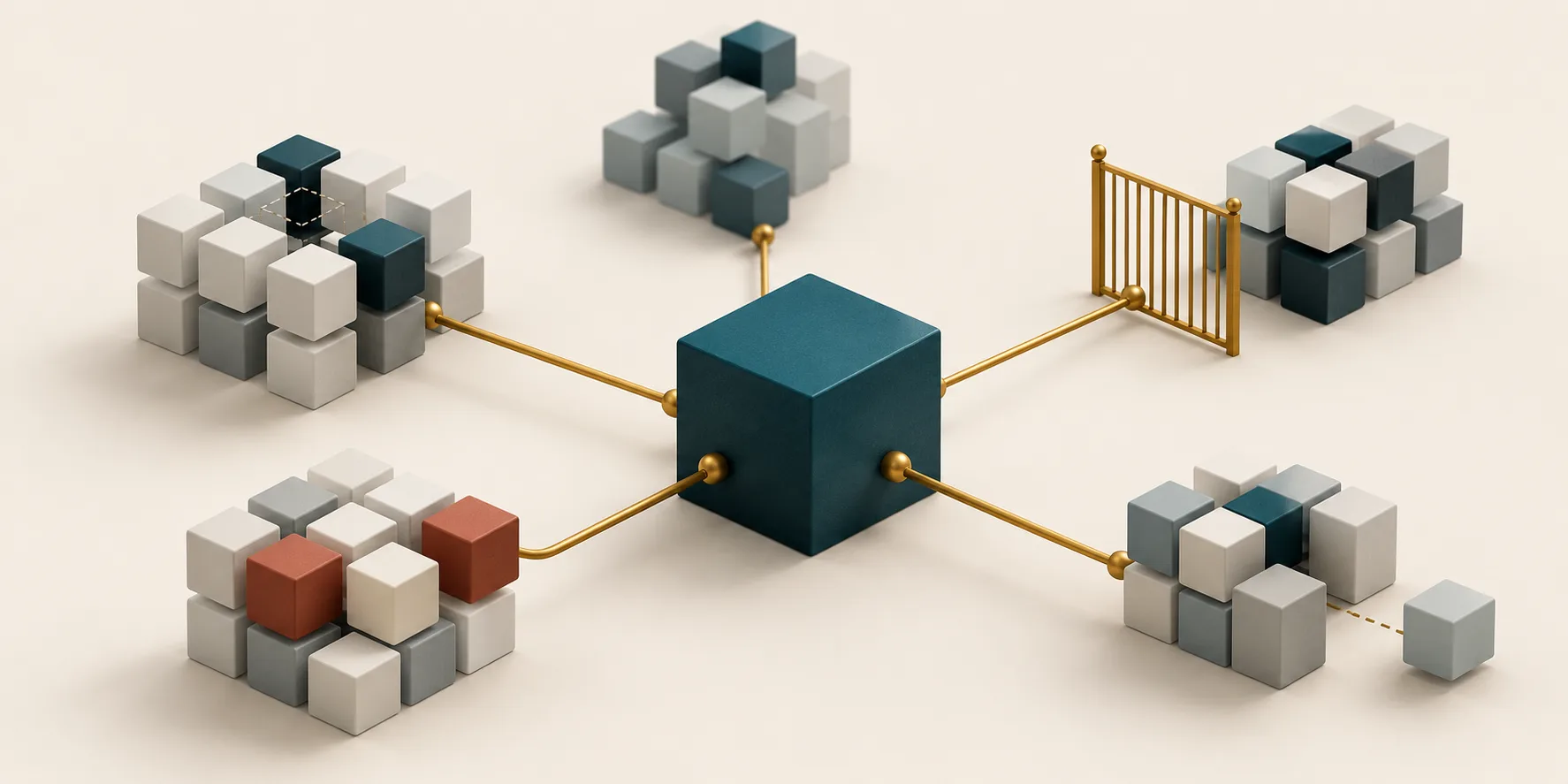 Five groups of cream, teal, and terracotta cubes connect to a central teal cube, with a missing piece and a brass access gate showing data readiness gaps