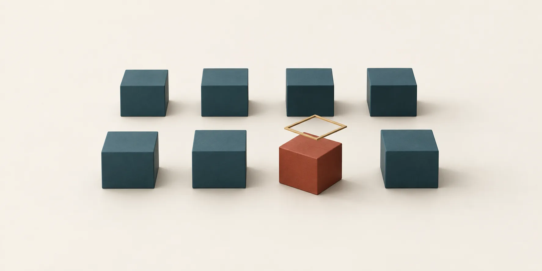 Two rows of teal cubes contain an offset terracotta cube beneath an open brass frame, representing a finance record flagged for review