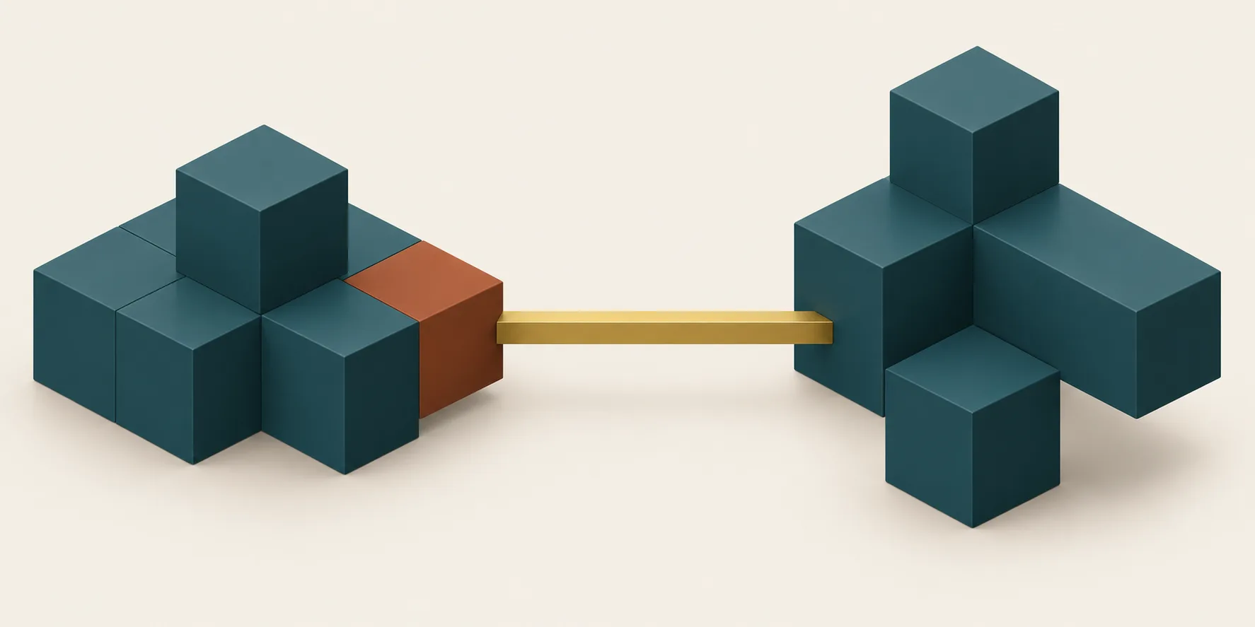 A terracotta cube joins a teal platform to a separate cluster of teal workflow cubes through a straight brass bridge