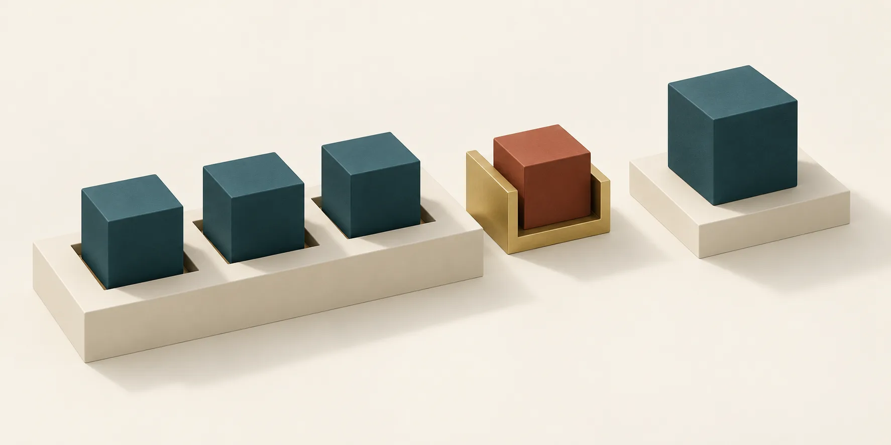 Teal cubes wait in an orderly row beside a brass cradle holding a terracotta cube and a separate teal block, representing a staffed AI review queue