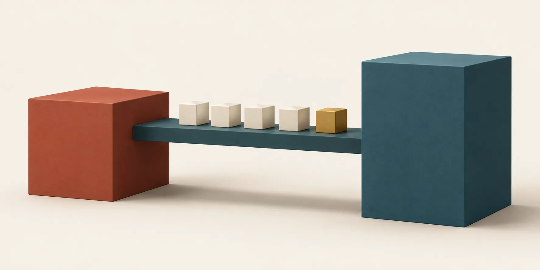 Cream cubes cross a teal bridge between a terracotta block and a new teal block, representing a staged transfer between business systems