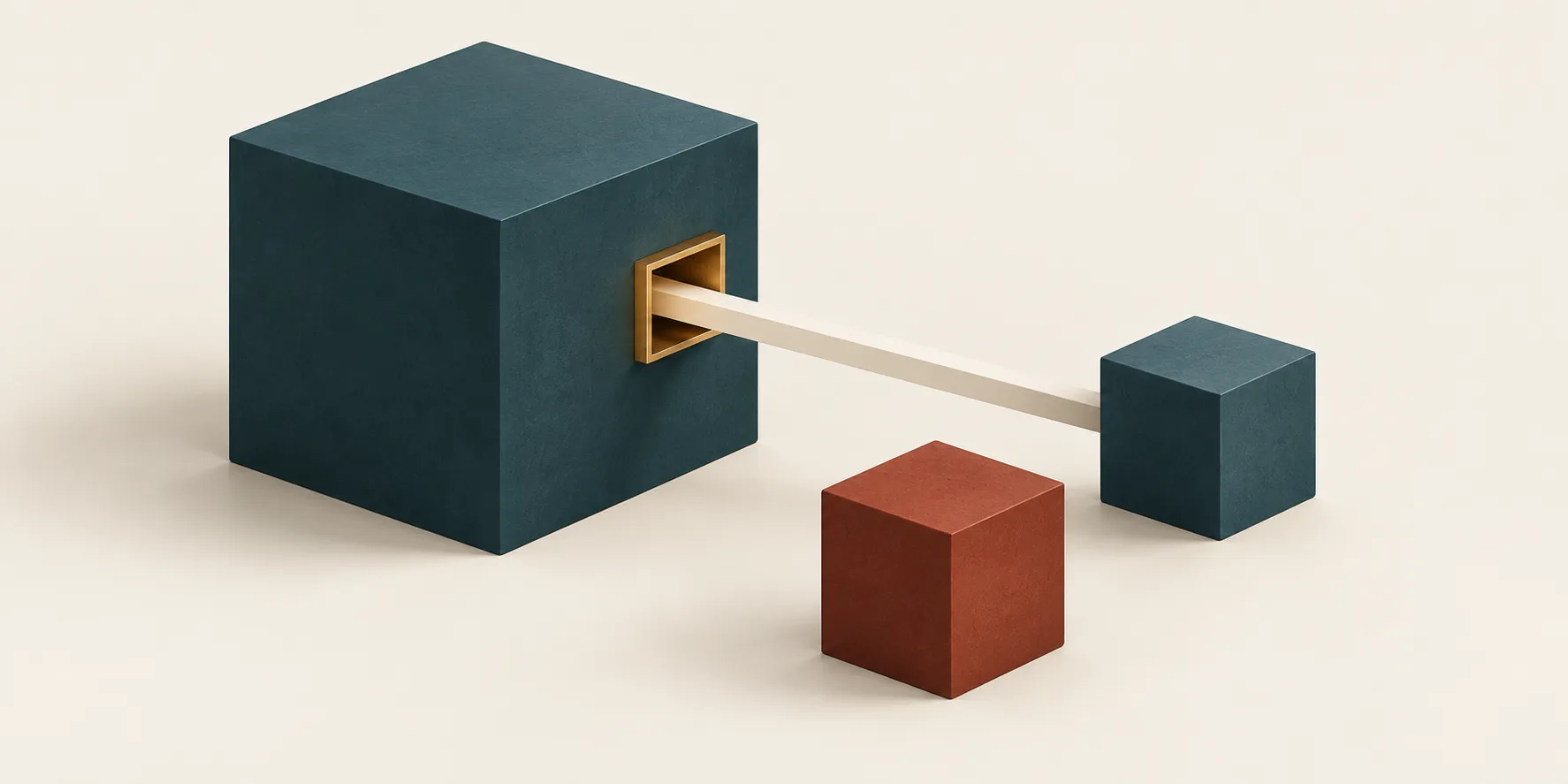 A narrow cream beam connects two teal cubes through a brass opening, while a terracotta cube sits outside the connection, representing scoped access to a legacy system