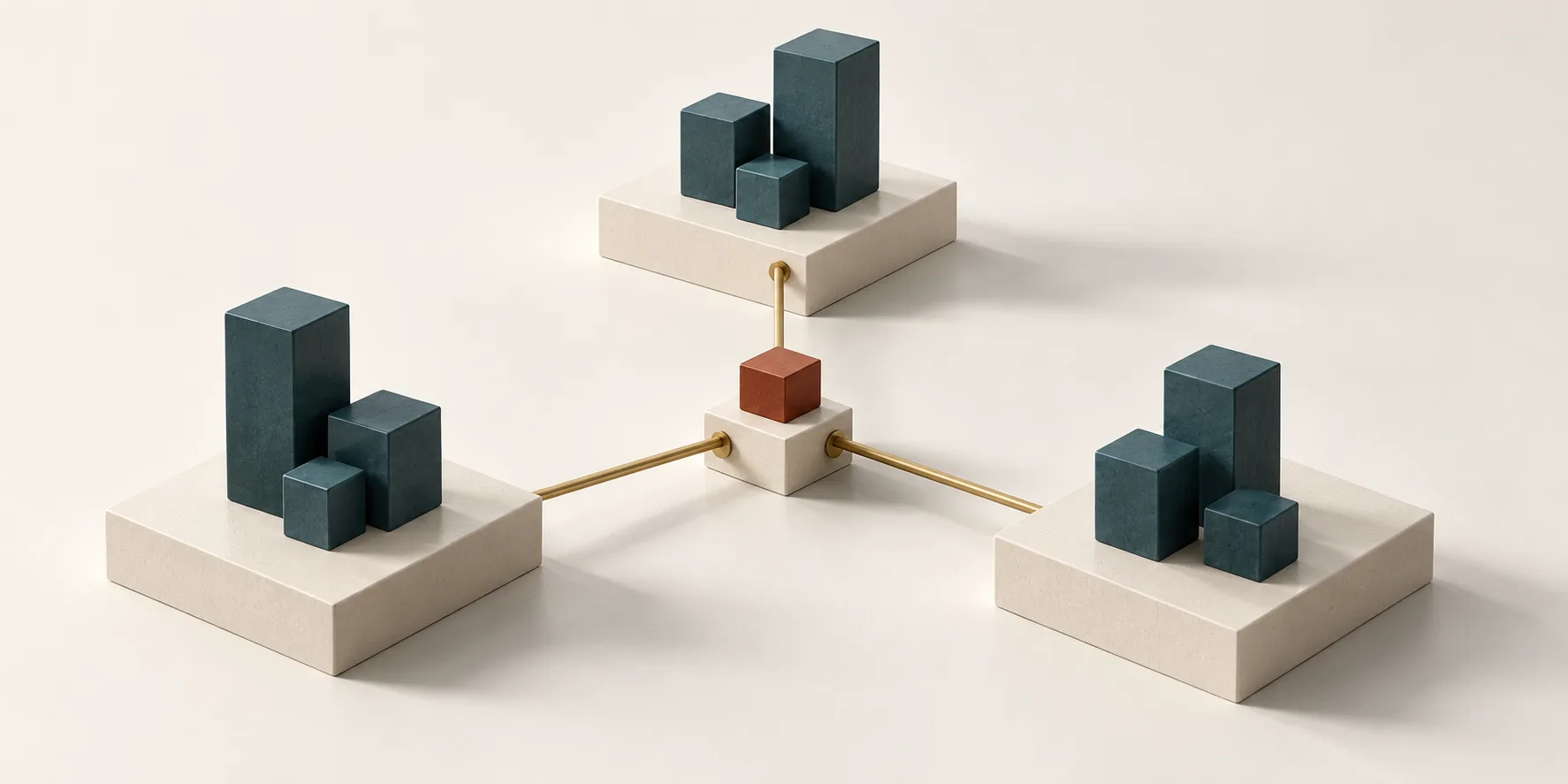 Separate teal cube groups on cream platforms connect by brass bars to a small central terracotta cube, representing shared AI specialists and local portfolio-company ownership