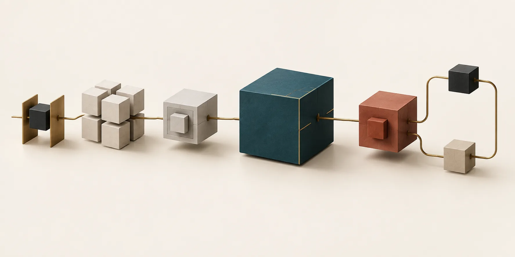 A brass path joins an identity gate, source and retrieval cubes, a large teal model cube, a terracotta action cube, and two feedback cubes