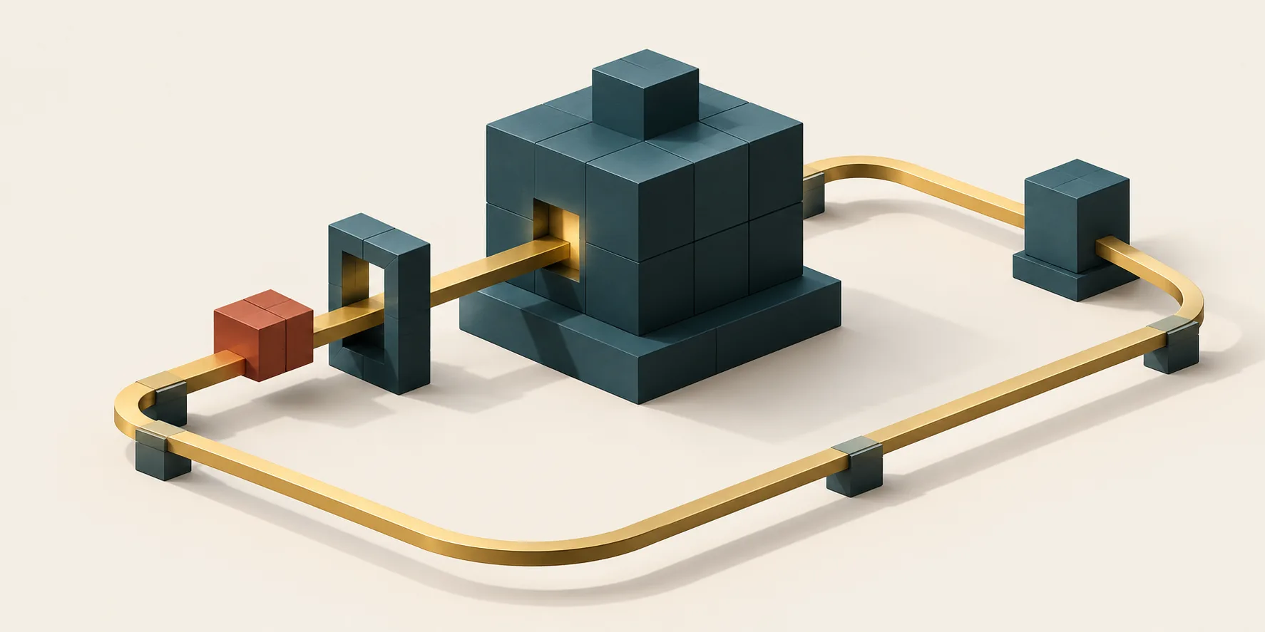 A terracotta cube follows a brass return rail towards teal cubic modules, representing staff corrections returning to improve a shared AI system